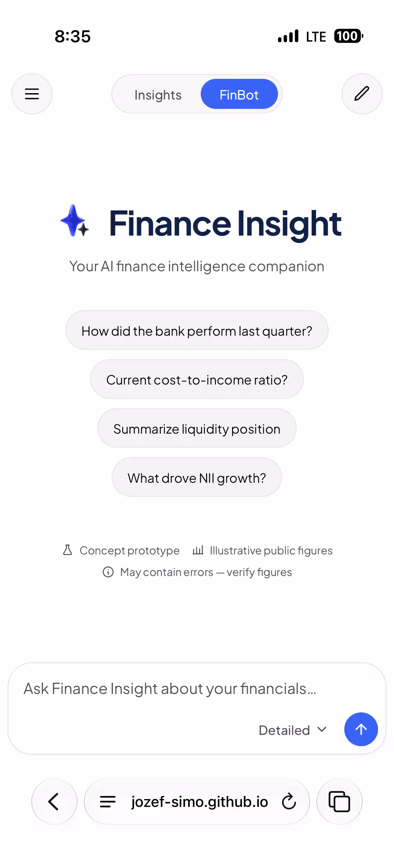The redesign on a phone: one compact bar at the top with an Insights and FinBot toggle, the product name centred below it, and four suggested questions as tappable pills above the ask field.