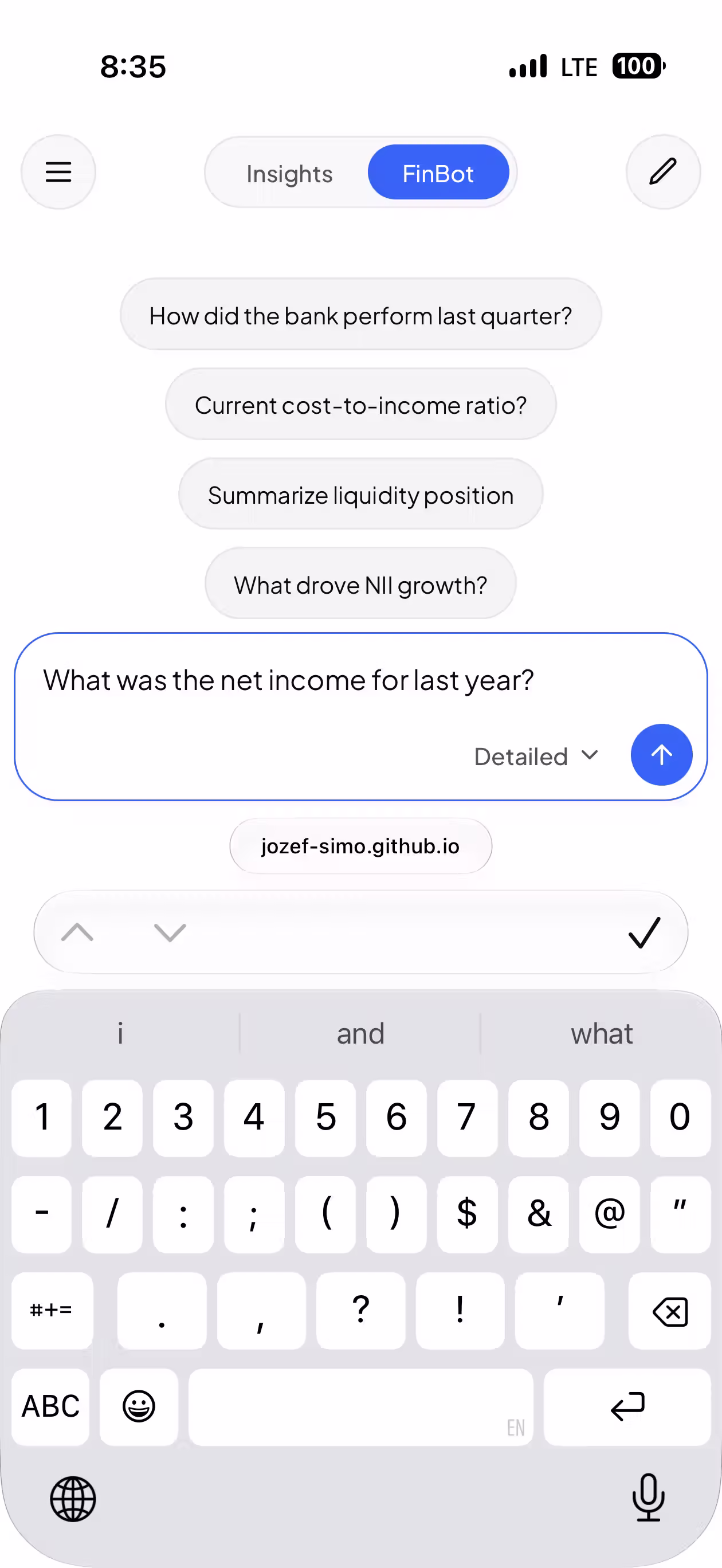 Typing a question on the redesign: the ask field sits directly above the keyboard with the full question visible inside it, and the suggested questions stay in view above.