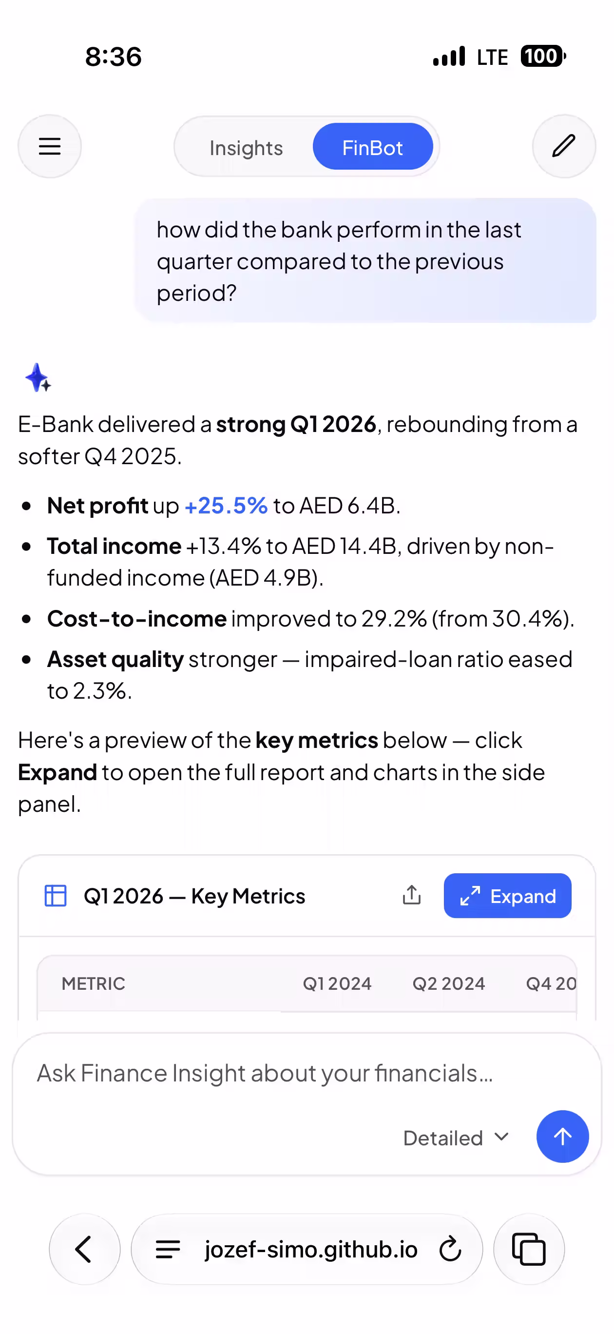 The same product on a phone, showing an answer with the headline figures called out and a Key Metrics table collapsed behind an Expand button.