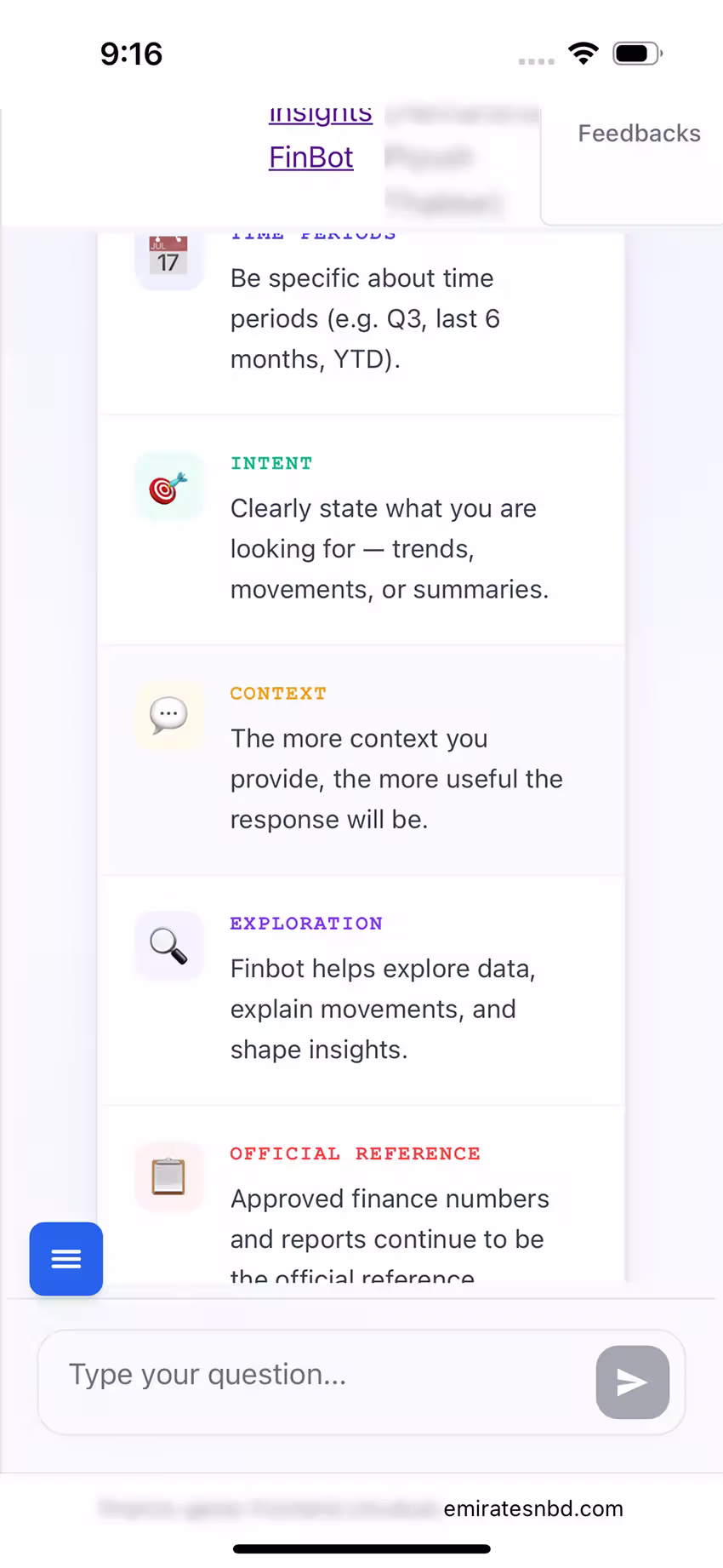 Finance Insight on a phone: the navigation bar sits on top of the page content, links show as unstyled purple underlined text, and the guidance panel is cut off at both edges.