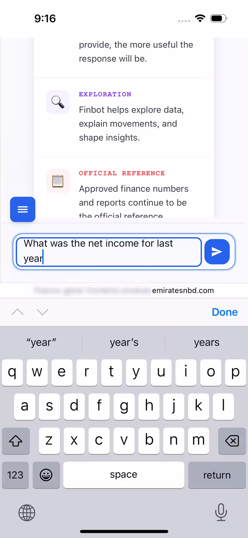 Typing a question on a phone: the on-screen keyboard takes the lower half of the screen, leaving the answer squeezed into a narrow strip that is cut off at both edges.