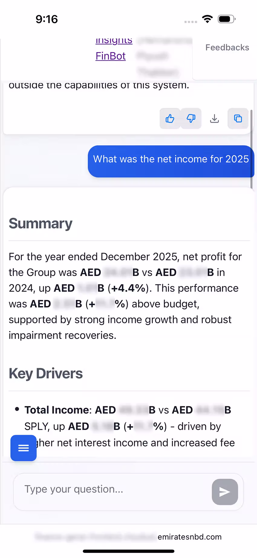 A summary answer on a phone: the question bubble runs off the right edge of the screen, the navigation bar overlaps the text above it, and a floating blue menu button sits on top of a line of the answer.