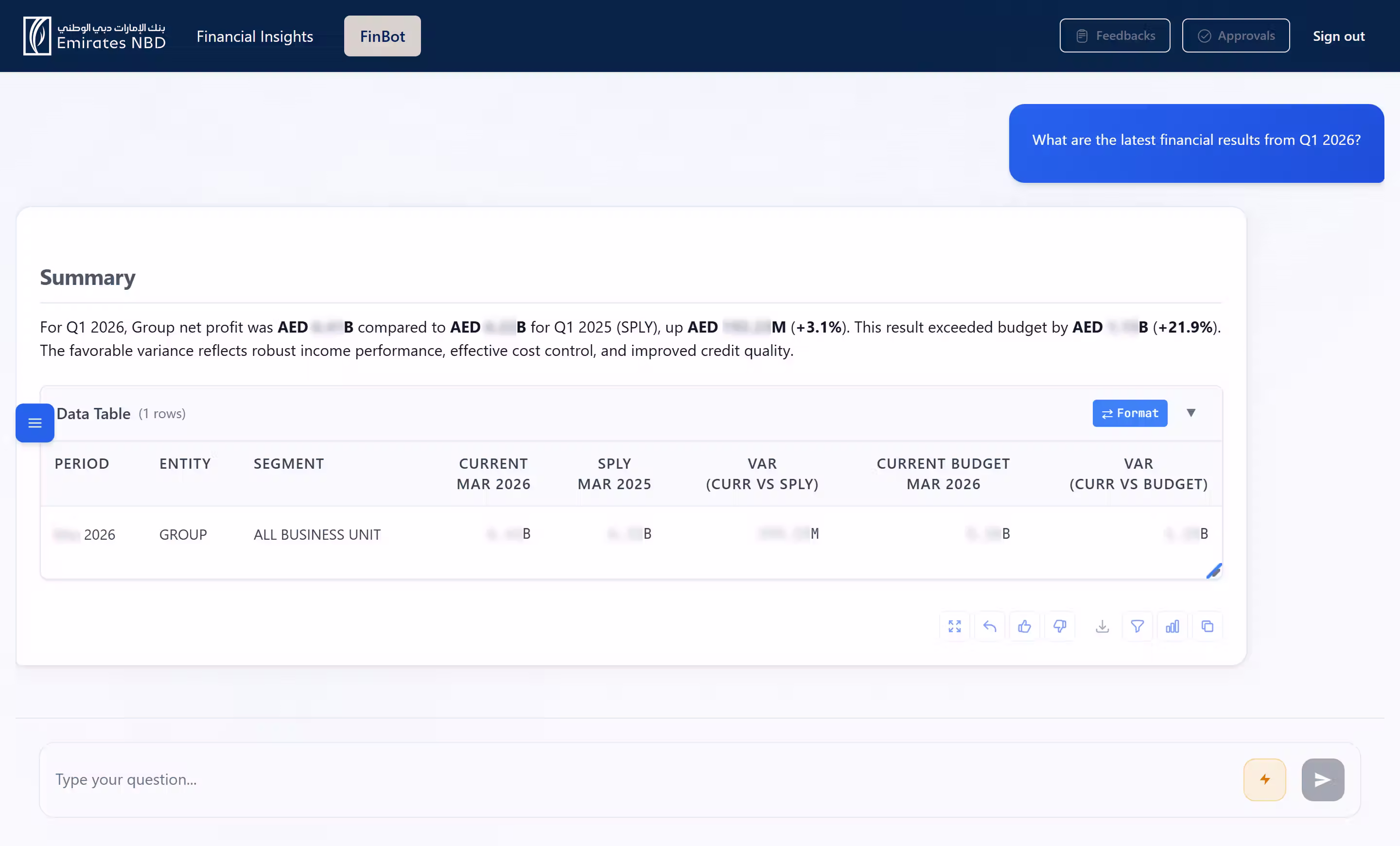The original Finance Insight interface: a navy Emirates NBD header, a chat-style question about Q1 2026 results, and a wide summary card whose data table runs the full width of the screen in small uppercase columns.