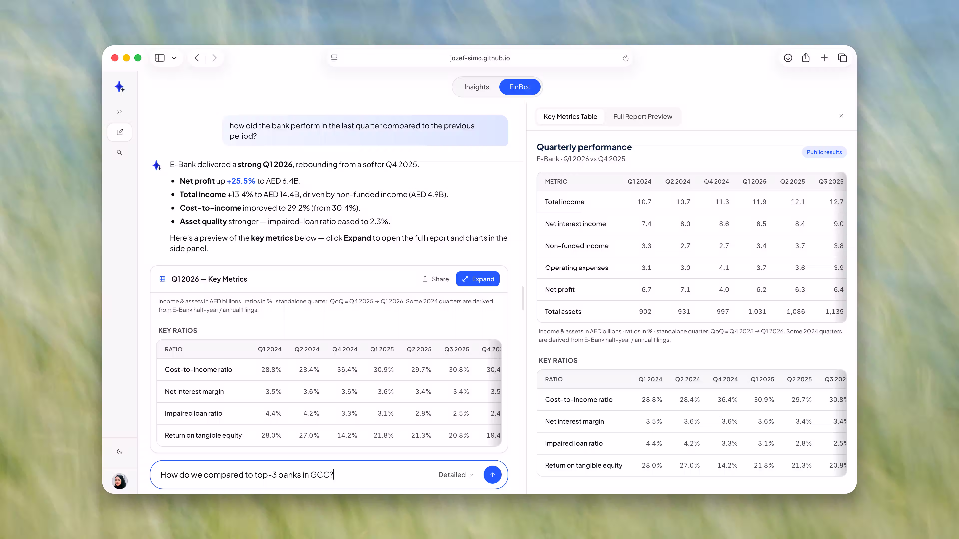 Finance Insight in light mode, with a Key Metrics table in an expandable side panel.