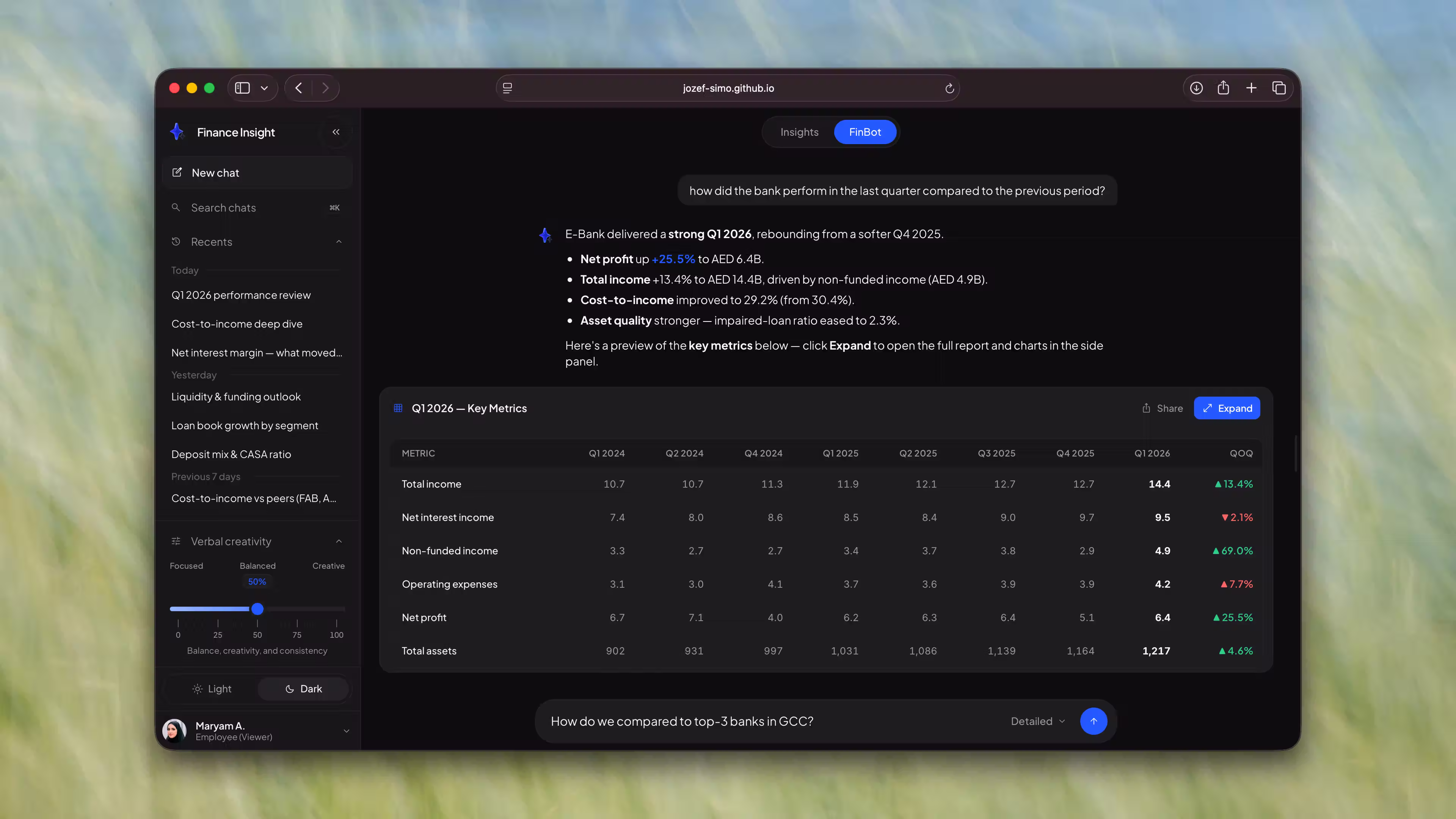 Finance Insight in dark mode, showing an extended Key Metrics table.