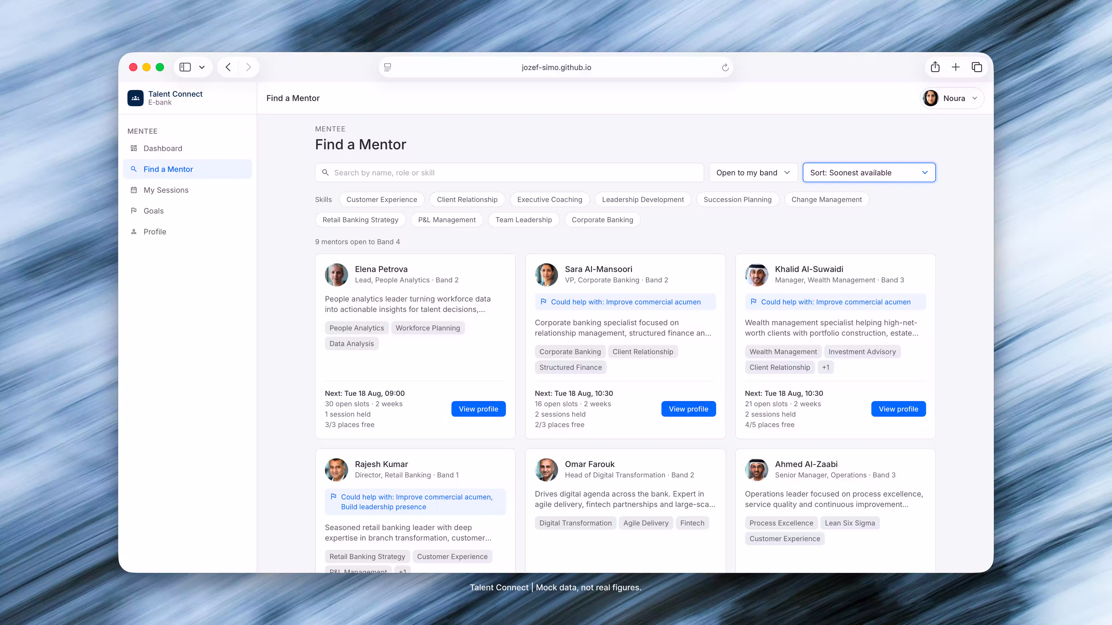 Laptop mockup of Find a Mentor: a search field and skill filters above mentor cards with the next open slot and a View profile button.