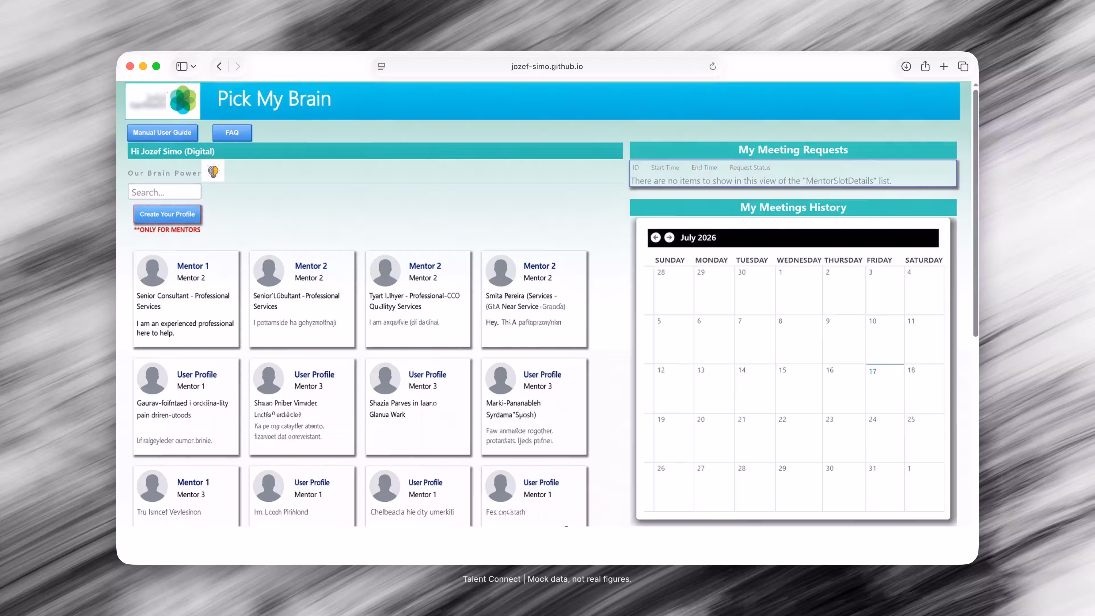 Laptop mockup of the original SharePoint mentorship site, Pick My Brain: mentor cards on the left and a meetings calendar on the right.