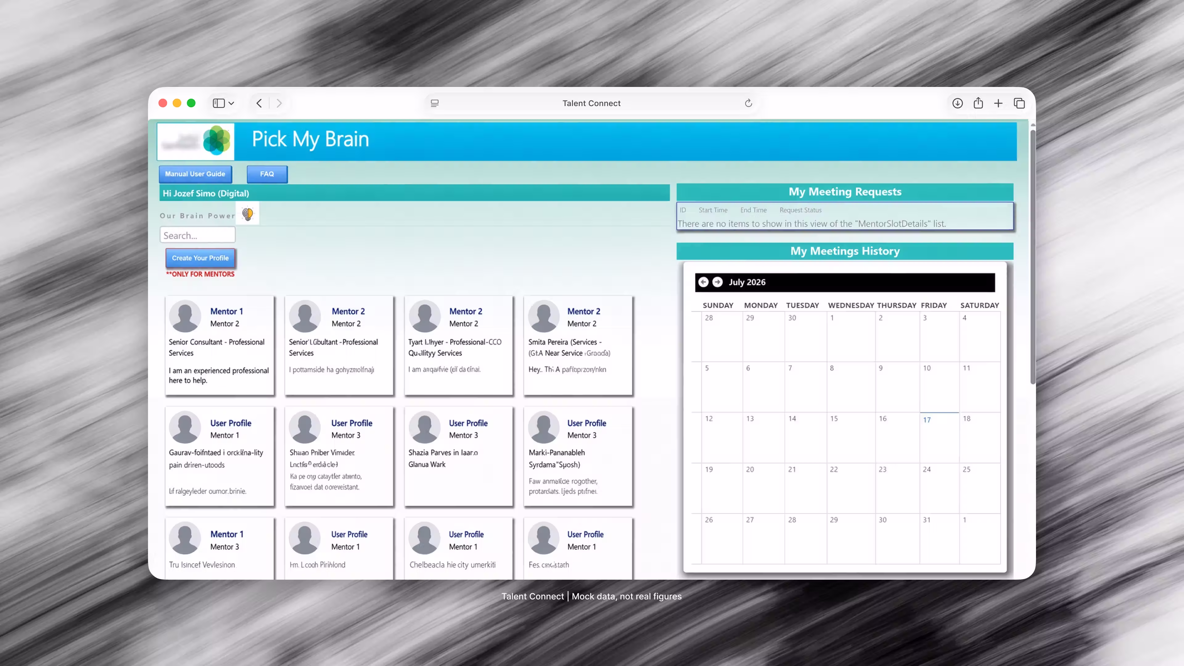 Laptop mockup of the original SharePoint mentorship site, Pick My Brain: mentor cards on the left and a meetings calendar on the right.