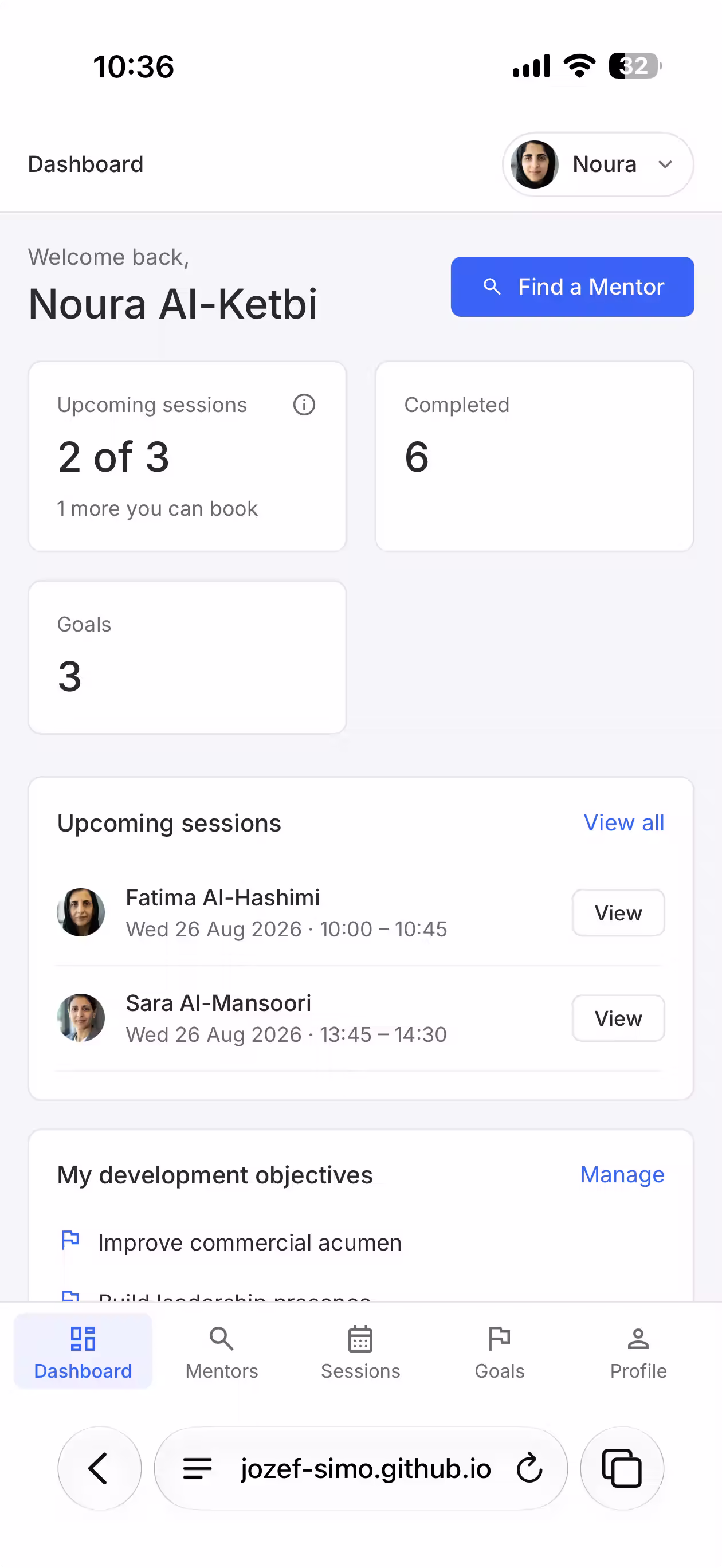 The Talent Connect mentee dashboard on a phone: Welcome back, Noura Al-Ketbi. Upcoming sessions, development objectives, and a Find a Mentor button.