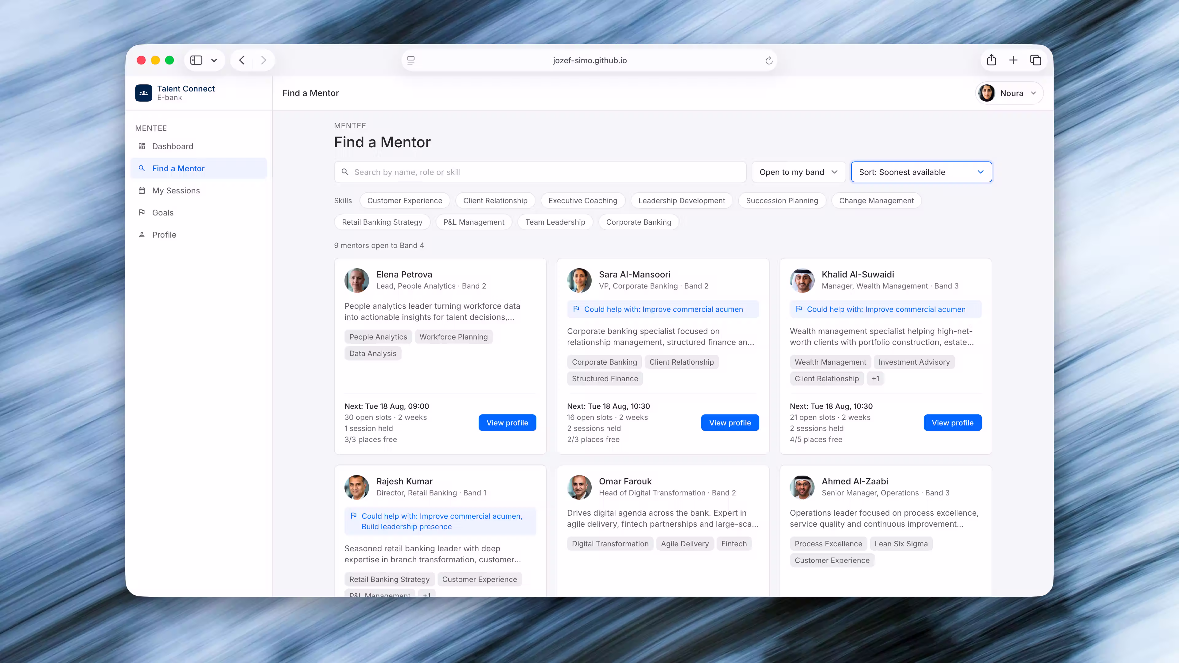 Laptop mockup of Find a Mentor: a search field and skill filters above mentor cards with the next open slot and a View profile button.