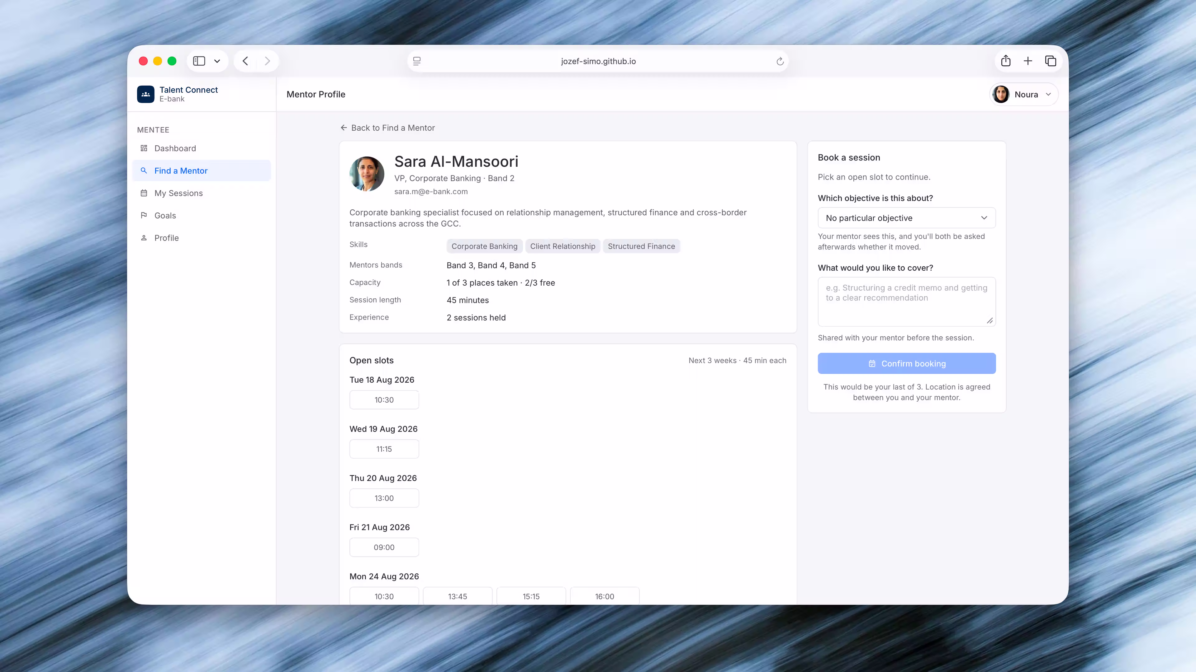 Laptop mockup of a mentor profile: Sara Al-Mansoori, open slots, and a Book a session panel.