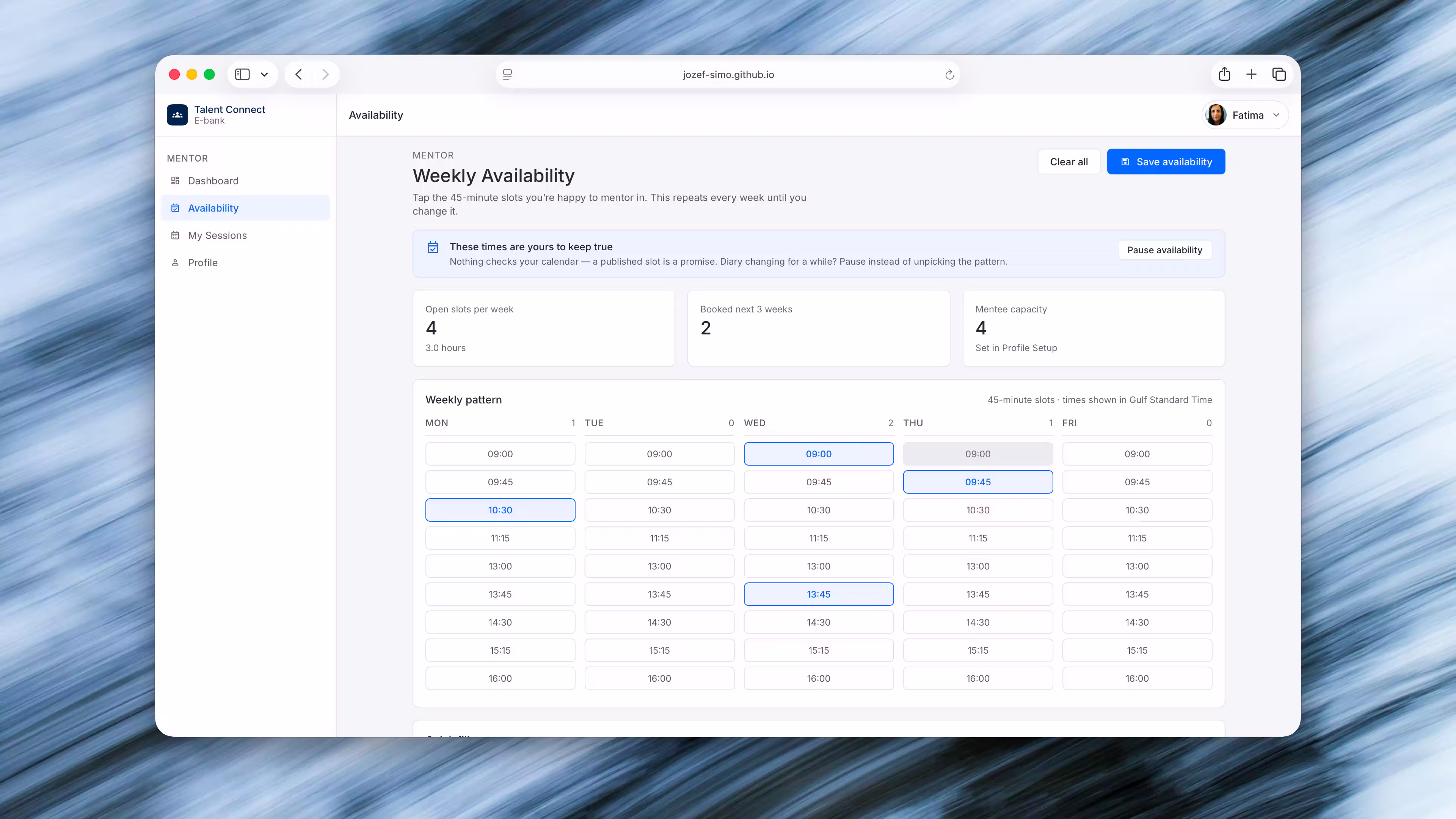 Laptop mockup of mentor Weekly Availability: a weekly slot grid with open times selected, plus cards for slots per week, bookings, and mentee capacity.